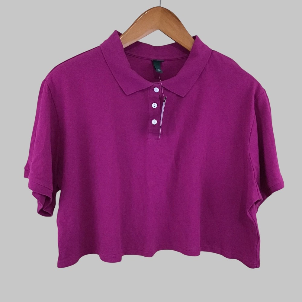 Wild Fable Magenta Purple Cropped Polo Shirt XXL Short Sleeve Cotton Pique New
